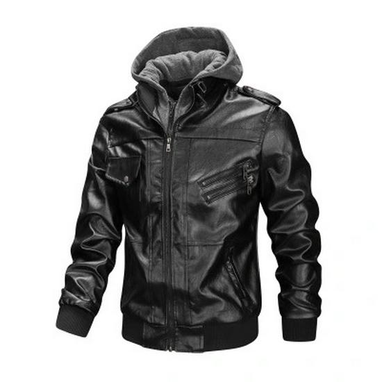 2025 Men's Plus Size PU Washed Leather Hooded Jacket, Two-piece Design.