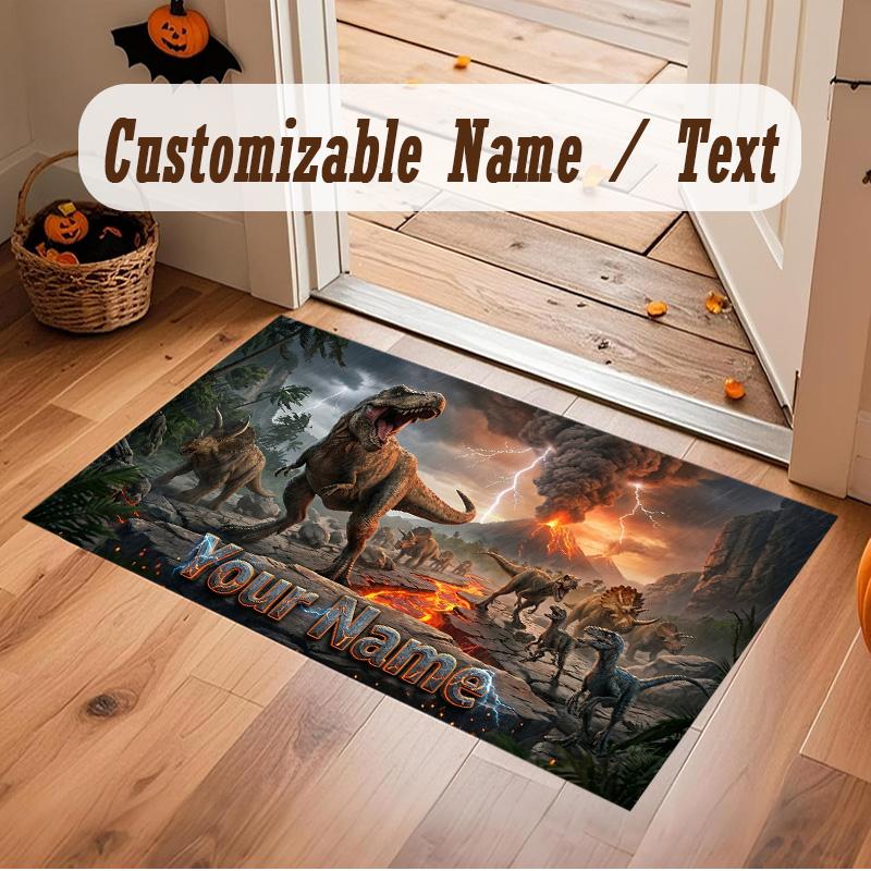 Dinosaur Theme Soft Crystal Velvet Rug Custom Name & Text Print Non Slip Floor Rug for Bedroom Living Room