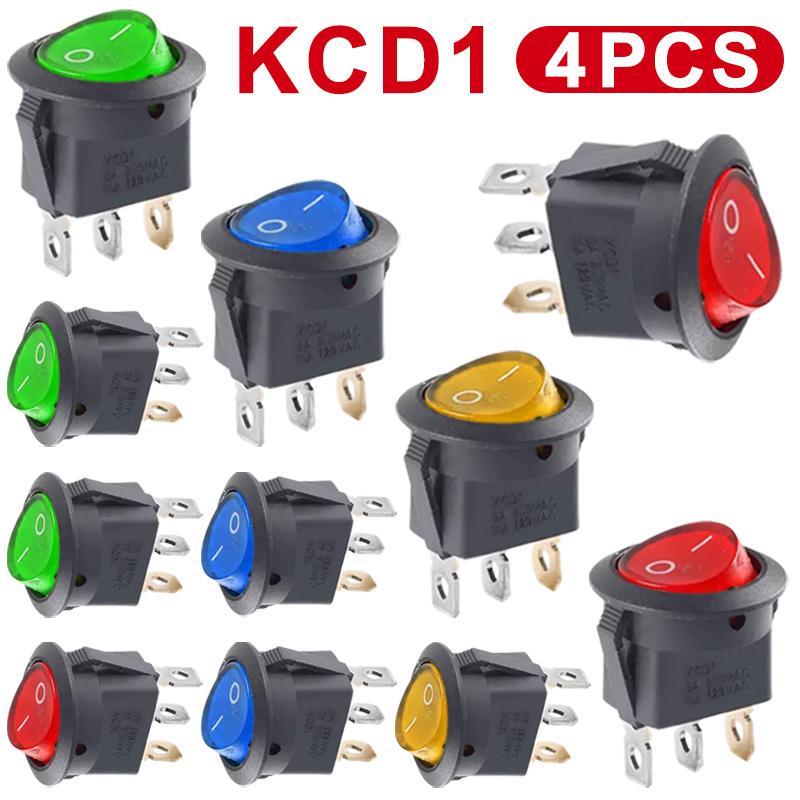 4/8Pcs KCD1 Automobile Round Power Switch Button 12V/220V 3Pin ON/OFF KCD1 Rocker Switch 16A 12V 4-color Led Light
