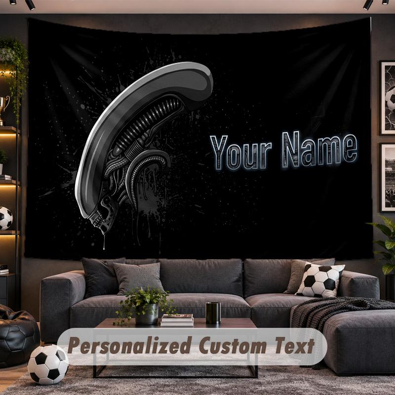 Alien Xenomorph Personalized Tapestry Support Custom Name, Wall Art Home Decoration