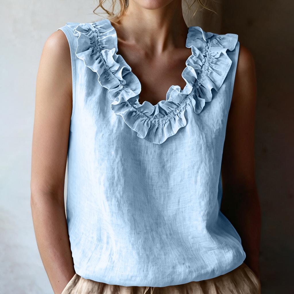 Women's Sleeveless V-Neck Ruffle Trim Blouse Casual Color Top for Summer