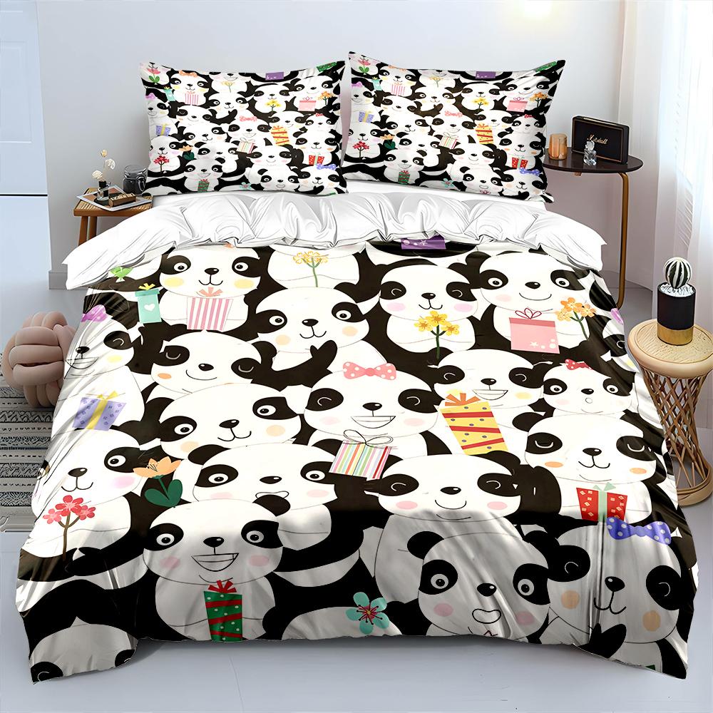 Cartoon pandas with gifts and flowers Print Bedding Set 1 Duvet Cover 2 Pillowcases for Adult and Children Luxury Gift Full Size