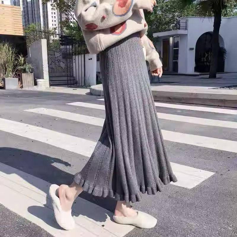 A-Line Women's Autumn Winter Knitted Midi Skirt Slim-Fitting High Waist Wool Half Skirt