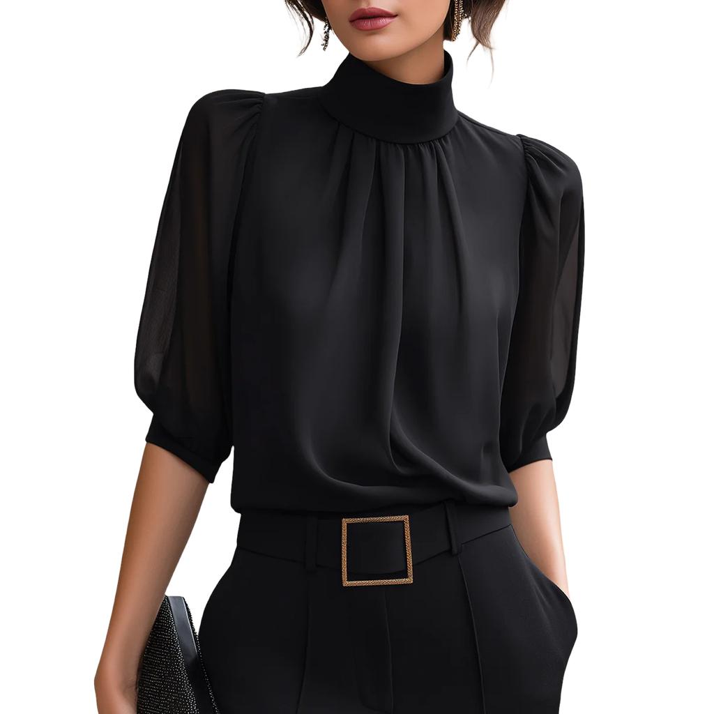 Women's High Neck Mesh Blouse with Puff Sleeves and Three-Quarter Length Sleeves