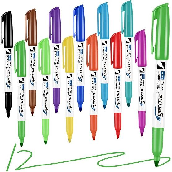 Permanent Markers Assorted Colors, Fine Tip, 12 Vibrant Colored Permanent Markers, Waterproof, Fade-resistant, Works on Paper, Glass, Plastic, Metal