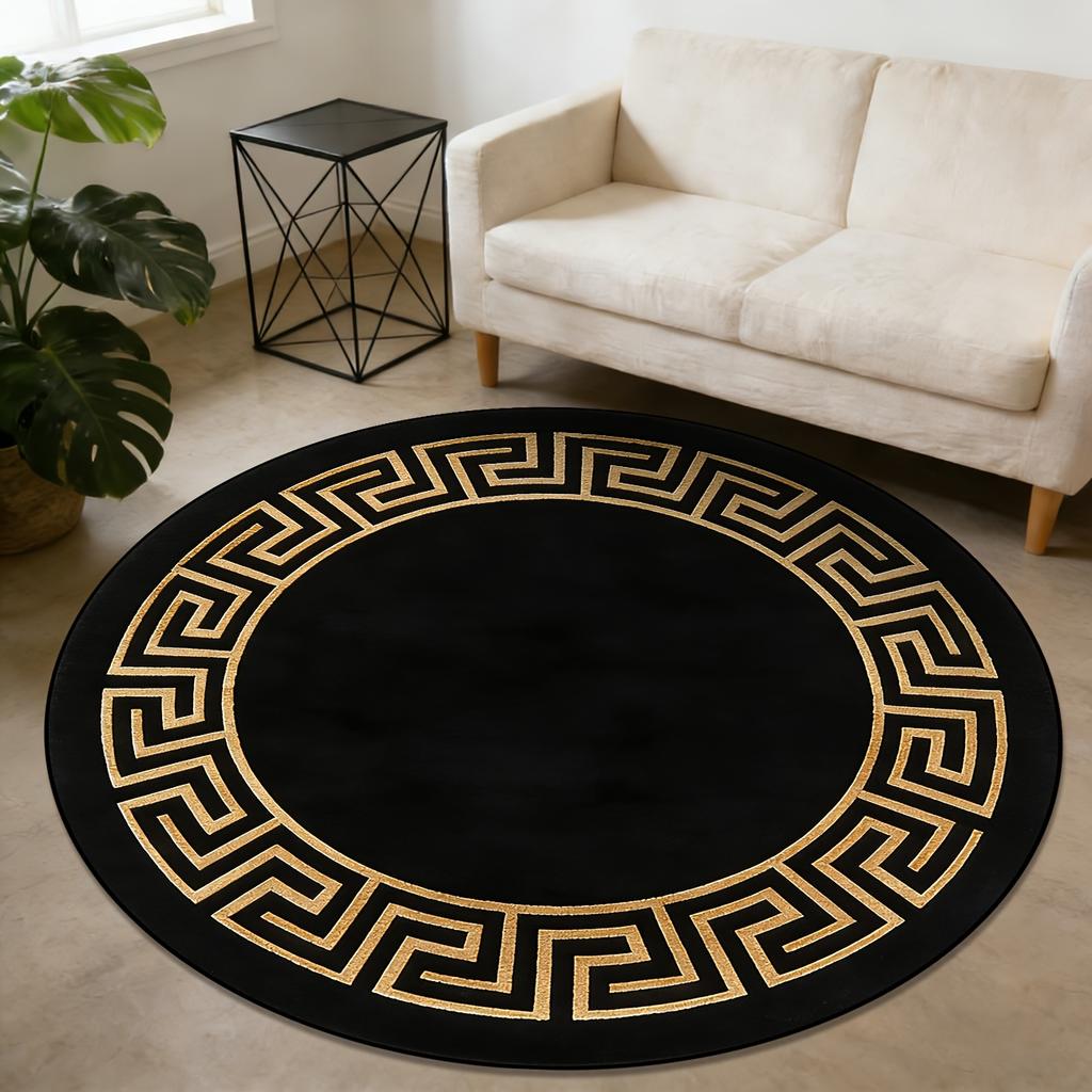 Elegant Black Gold Greek Key Round Carpet Geometric Keyhole Frame Area Rug Trendy Floor Mats For Apartment Living Room
