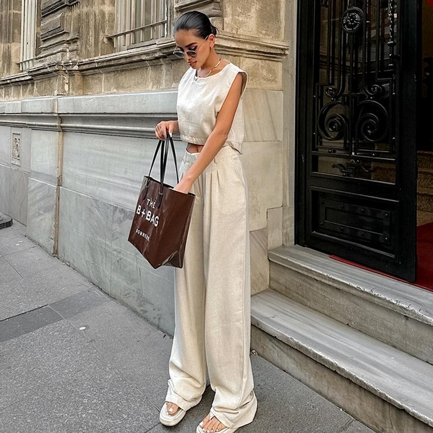 1116 summer new ramie short vest trousers two-piece set European and American street casual khaki suit women's clothing