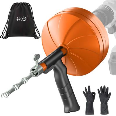 BACOENG Drain Cleaning Wire Pipe Cleaner, 10m Wire with Drill Adapter, for Pipe Clogs, Manual & Electric Use - Includes Gloves & Storage Bag (Orange)