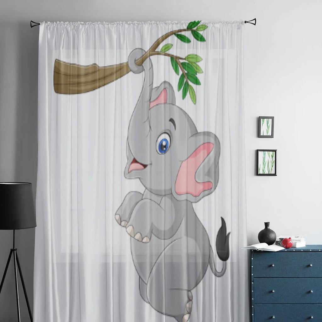 Cartoon Funny Elephant Tulle Curtain For Living Room Sheer Valance Curtain For Kitchen Bedroom Window Drapes