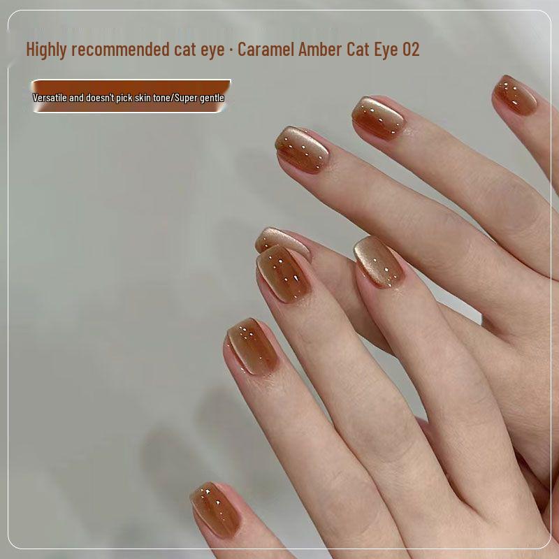 2025 Amber Cat Eye Manicure - Silk False Nail Tips with Flash Caramel Gold Glass Bead Design