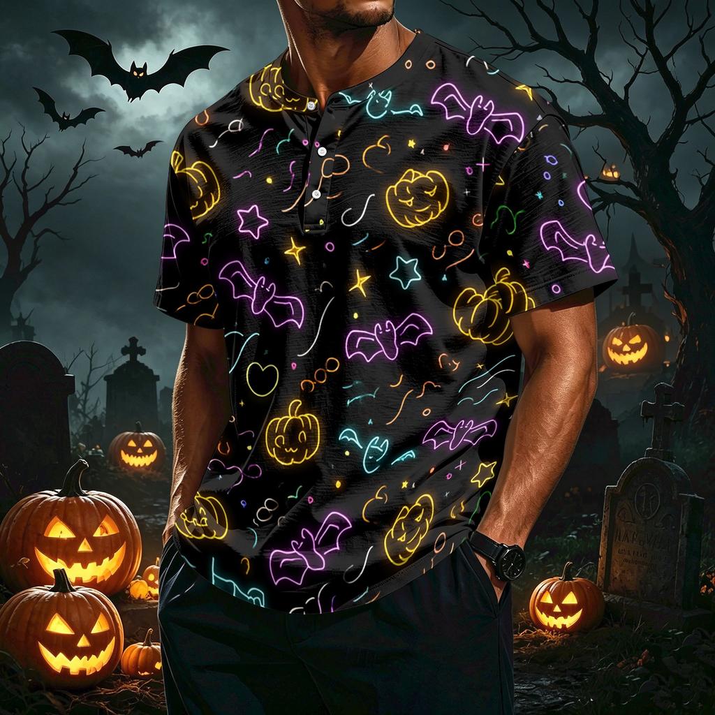Męska casualowa koszula z kołnierzykiem na guziki, lekka, oddychająca, z krótkim rękawem, z nadrukiem w stylu Halloween, wygodny krój