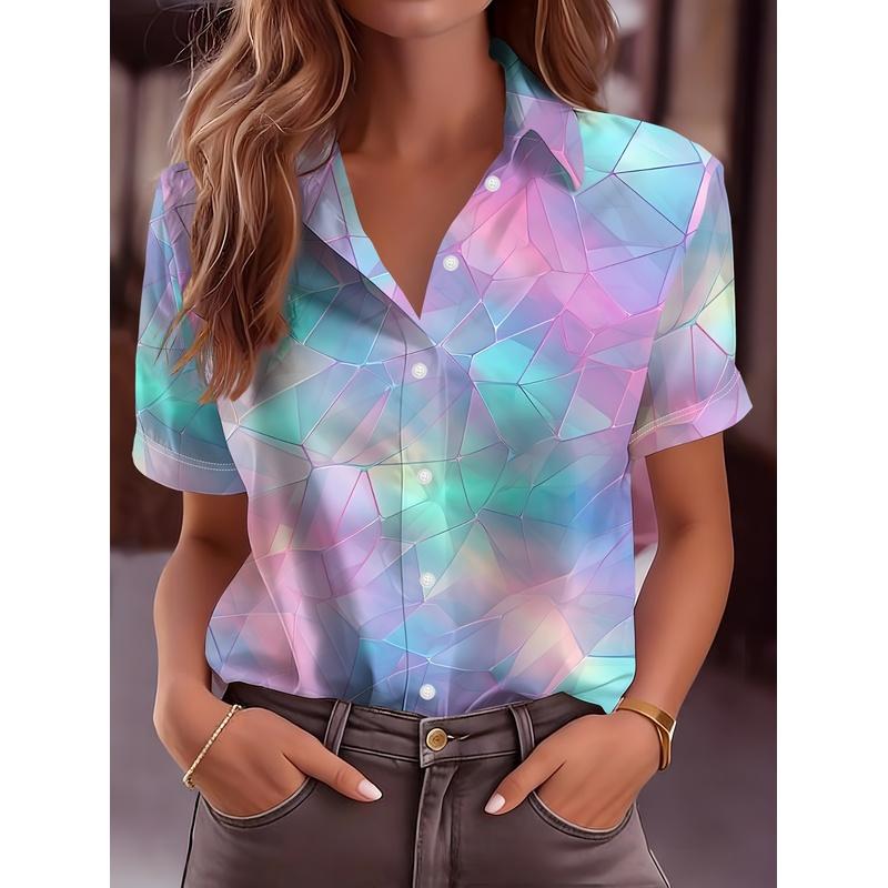 Women's Buttoned Short Sleeve Shirt Elegant Casual Minimalist Unique Colorful Radiating Collar Flattering Figure Stand Out