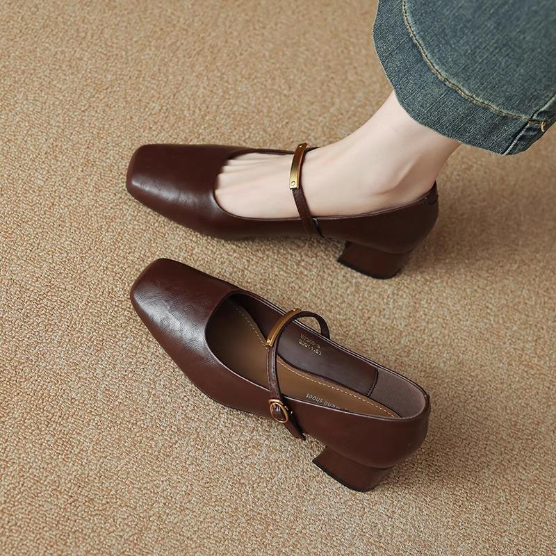 Women's shoes 2026 French square toe with metal buckle women's versatile new single shoe