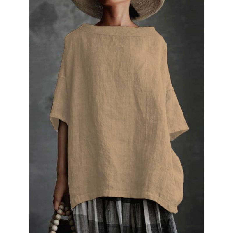 T-shirt estiva in cotone e lino con scollo rotondo e vestibilità ampia per donna