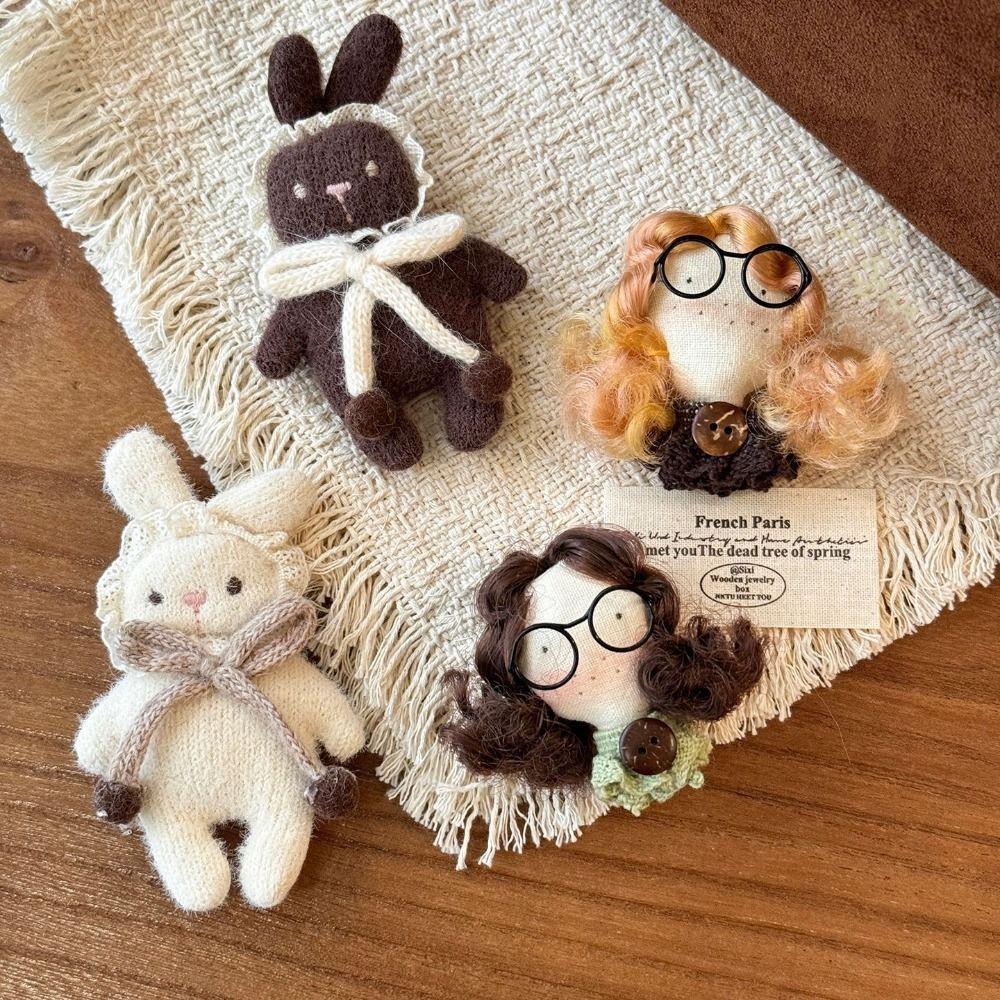 Plush Doll Cartoon Sweater Pin Curly Hair Girl Little Rabbit Brooch Cloth Fabric Brooch  Party