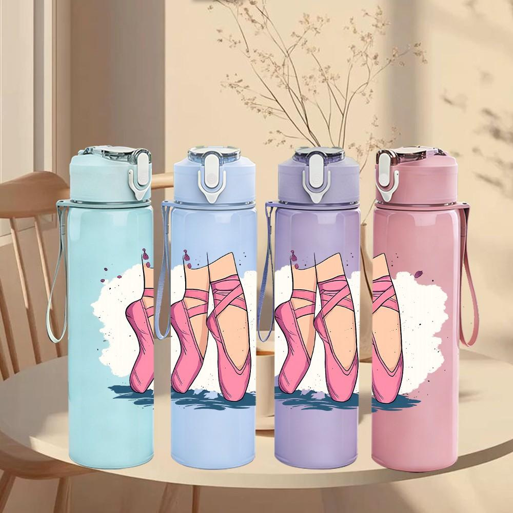 1PC Pink Ballet Shoes Line Art 750ml Color Plastic Sports Water Bottle Leakproof Flip Straw Lid Suitable for Sports Office Home Use