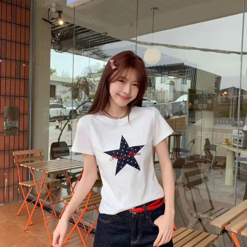 

2026 Summer New Creative Polka Dot Star Print Pure Cotton Short-Sleeved Round Neck T-Shirt Right Shoulder Slim Fit Pullover Top White S [Excellent Quality]