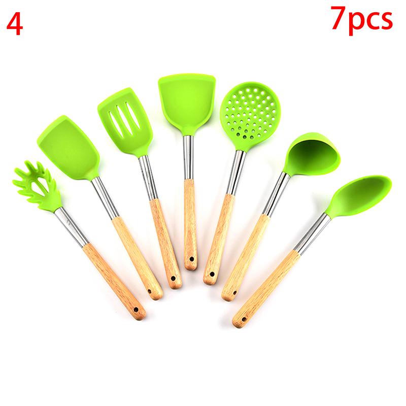 Silicone Kitchenware Non-Stick Heat-Resistant Cookware Kitchen Utensils Set Spatula Shovel Spoon Wooden Handle Cooking Tool Set