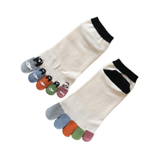 Women Cotton Toe Socks Cartoon Cat Fish Design Five Finger Socks Casual No Show Athletic Running Crew Socks