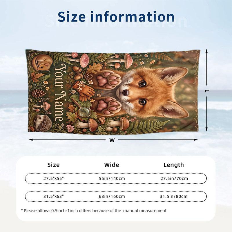 Fox Flowers Poster Theme Quick Dry Beach Towel Custom Name Text Print Large Sand Resistant Towel Beach Vacation