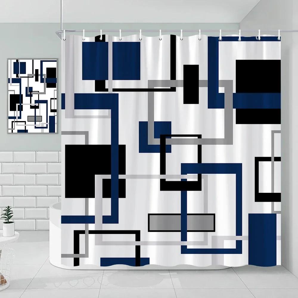 Fabric Geometric Shower Curtain, Mid-Century Modern Geometric Herringbone Chevron Blue Black Gray Square Bathroom Decoration