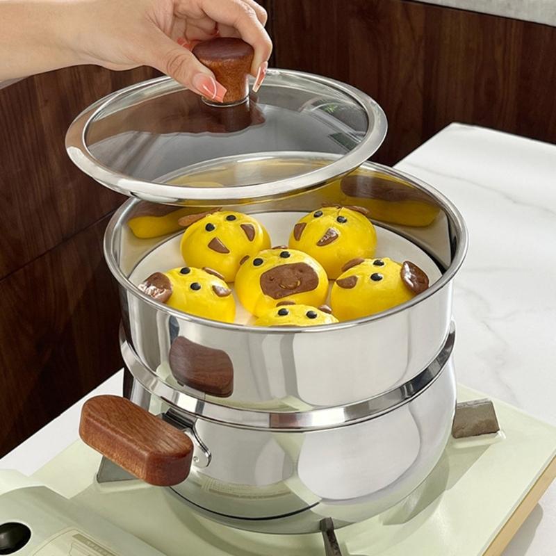 Premium 304 Stainless Steel Double Layer Steamer Pot with Wood Handle Suitable for Efficient and Even Cooking Experience