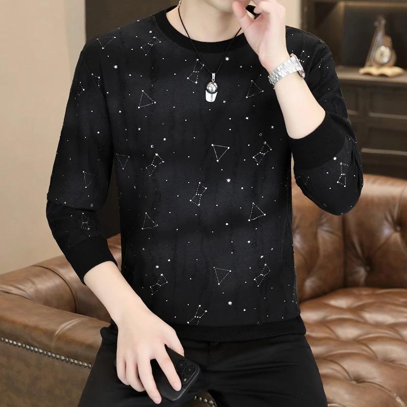 

Autumn New Long-sleeved T-shirt Men s Round Neck Pullover Fashion Casual Meteor Hot Drill Hole Bottoming Shirt Tees L чёрный