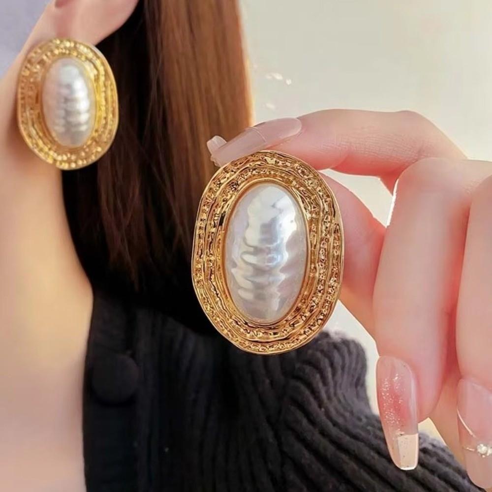 Imitation Large Stud Earrings Gold Geometric Exaggerated Earrings Oval Metal Pearl Earrings  Gift