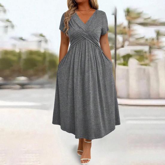 Robe Mi-longue Décontractée d'Été pour Femme Robe évasée à manches courtes et col en V avec torsade sur le devant Robe longue fluide ligne A pour vacances à la plage