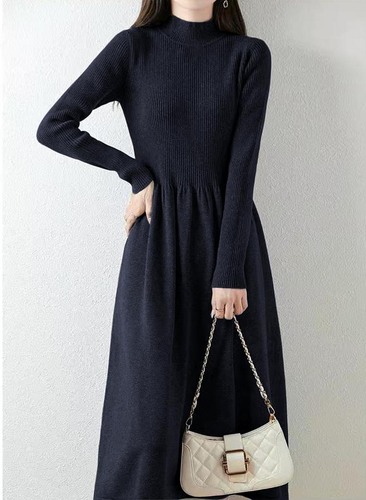 Yino Knit Midi Long High Slim Everyday Women's Dress, Sleeves, Flared, Waist, Fit, Stretchy, Slimming, Figure-Flattering, Warm, Cute, Stylish, Wear,