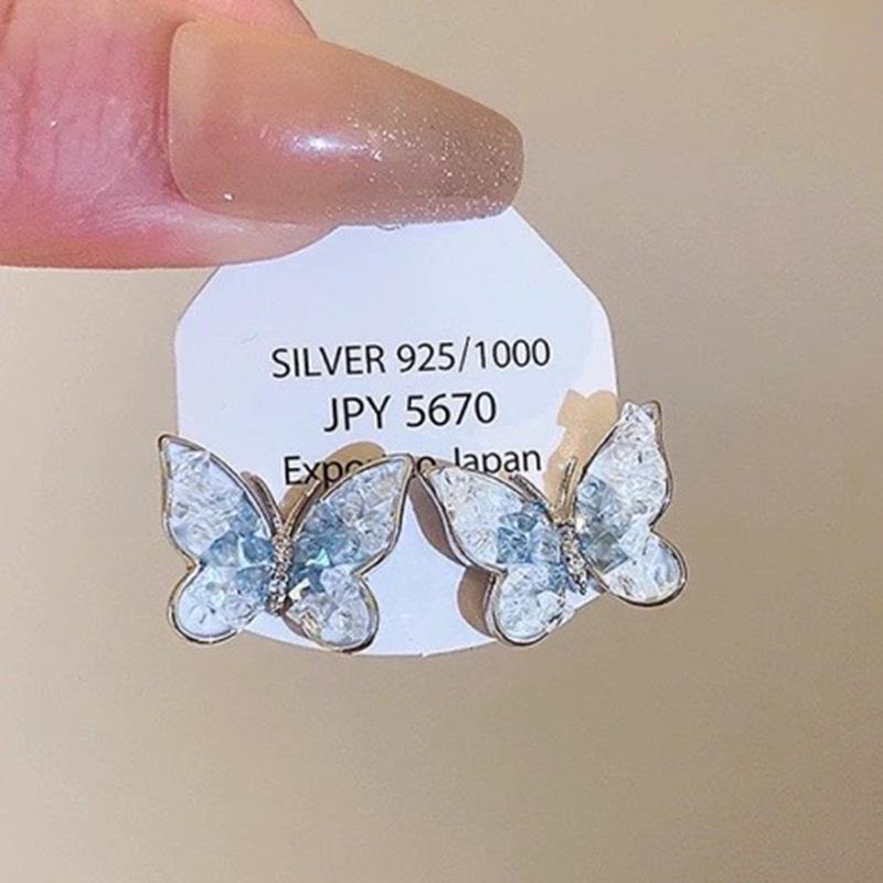 Silver Needle Butterfly Heart Earrings with Blue Gradient Drip - Elegant Autumn/Winter Studs