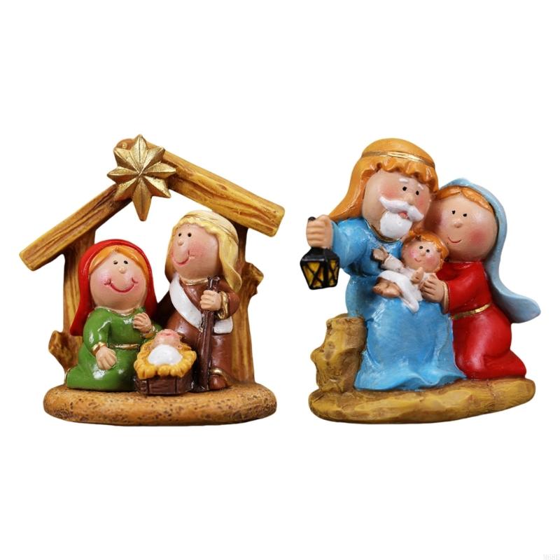 Christmas Nativity Scene Resins Miniature Figurines Cartoon Manger Scene Statues Tabletop Holiday Decoration Ornament M68E