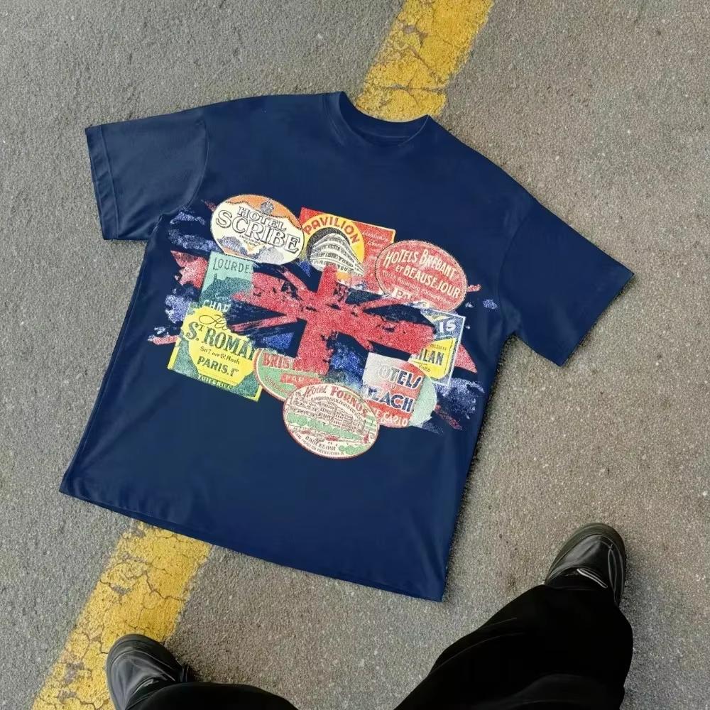 Classic Distressed Vintage Travel Postage Stamp Collage Oversized Tshirt Cotton Graphic Tee Unisex Unisex Summer Streetwear