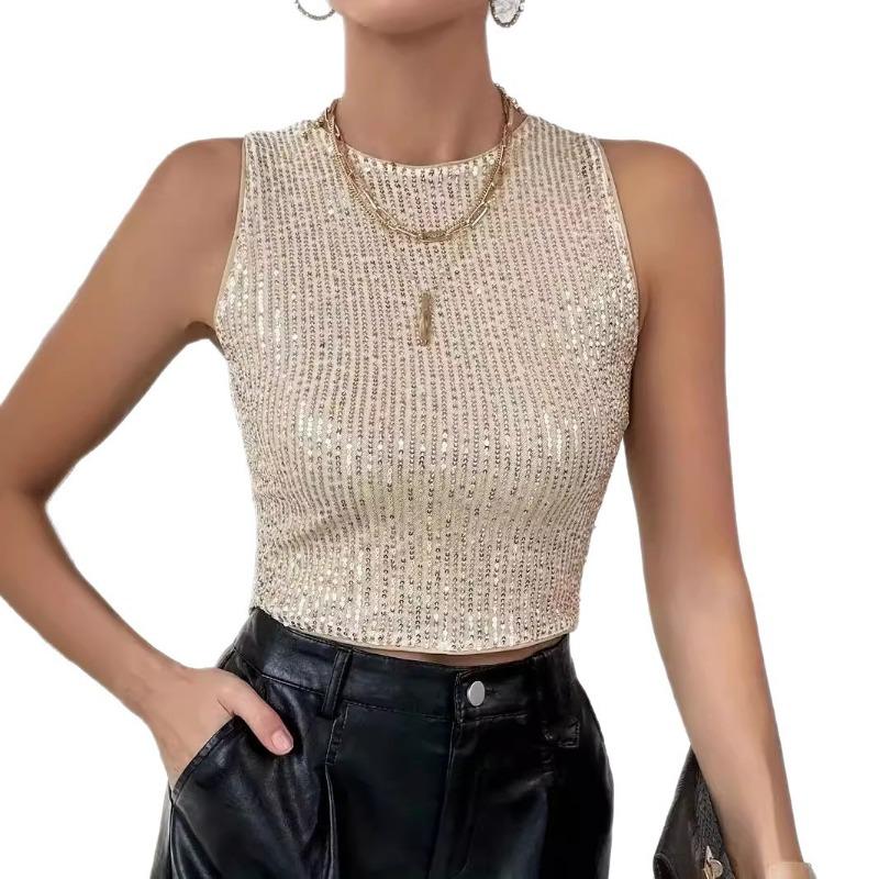 Women Fashion Sequins Slim Fit Sleeveless Cropped Casual Tank Top