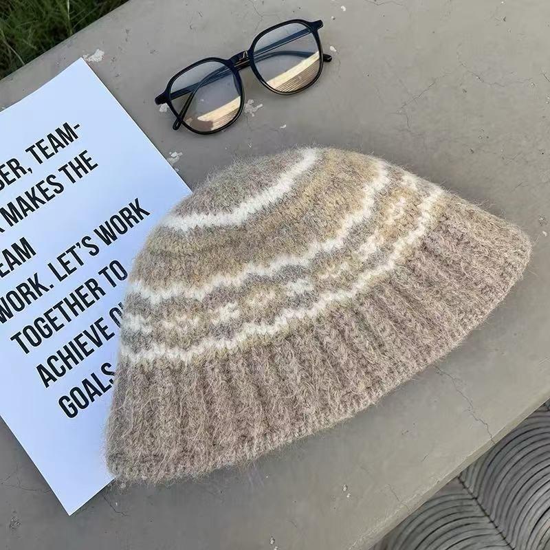 Women Fair Isle Knit Fisherman Hat Large Head Size Warm Bucket Hat