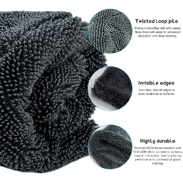 Microfiber Towels For Cars, 1200 GSM Ultra Thick 12.2"X12.2" Soft Car Detailing Drying Towel, Super Absorbent Double Twisted Loop Cloth Cleaning