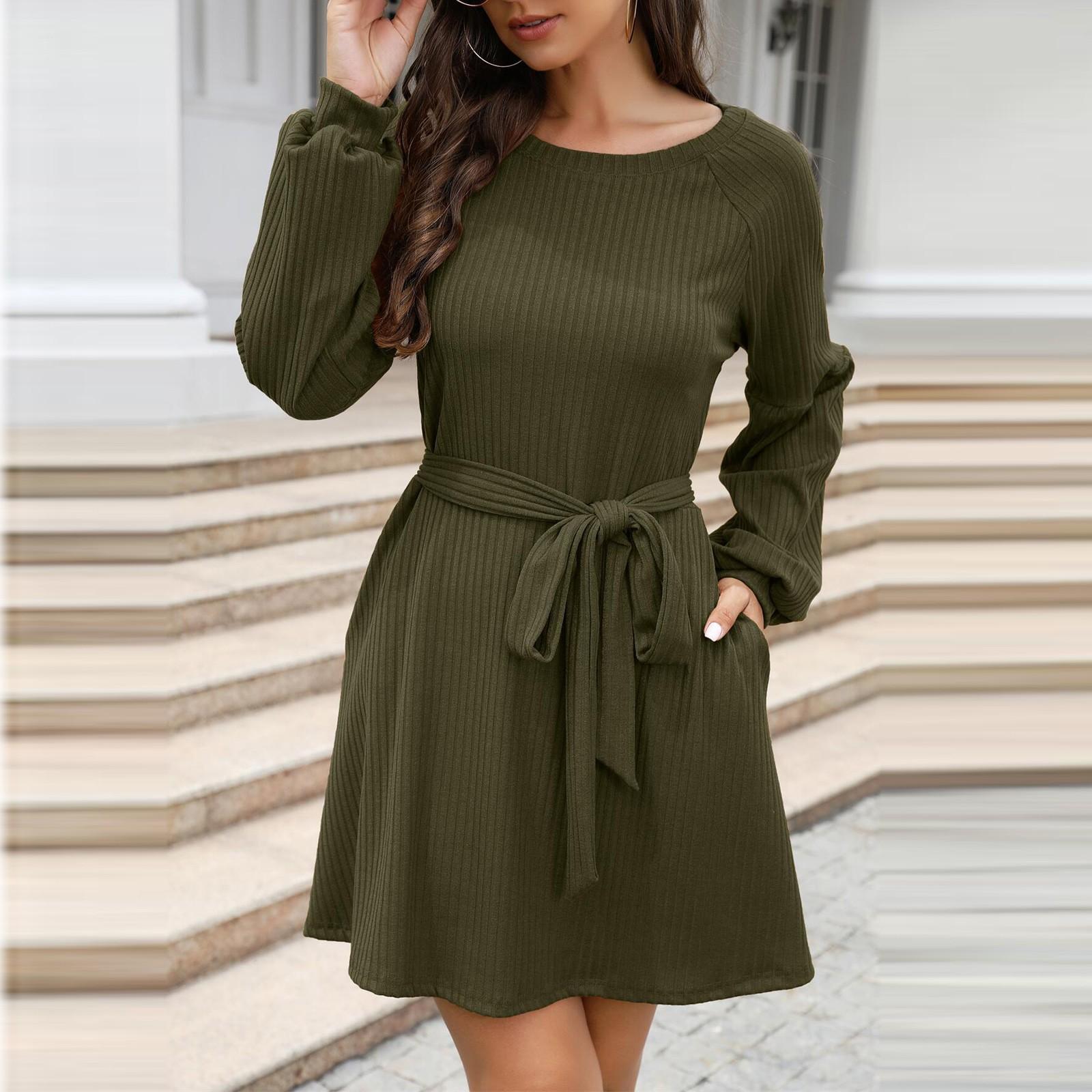 Женское зимнее модное платье с поясом, вязаное, темпераментное, с длинным рукавом, цветное XL