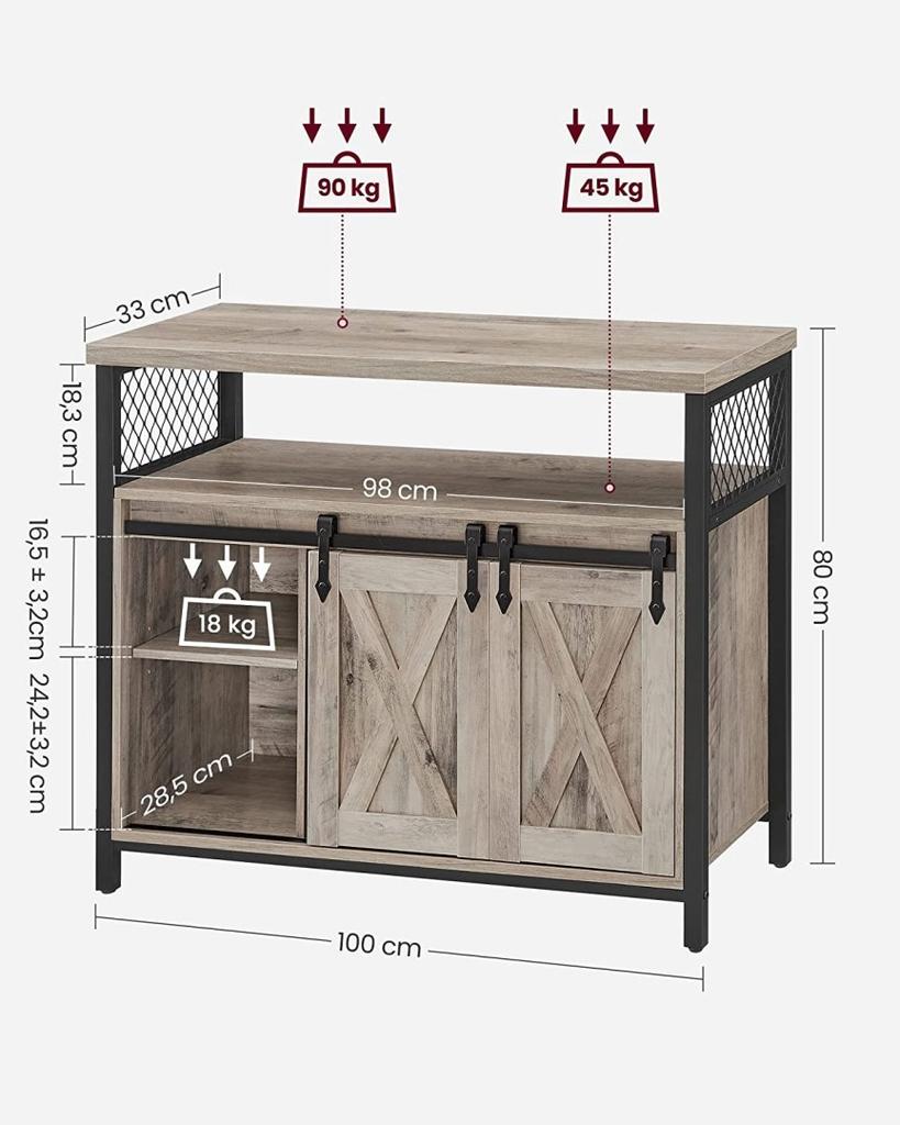 Sideboard, Kitchen Cabinet, Storage Cabinet With 2 Sliding Doors, 33 X 100 X 80 Cm, Adjustable Shelves, Country Style,