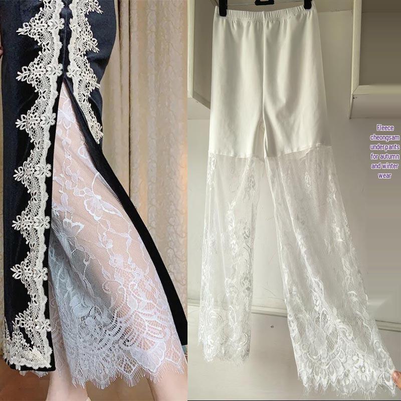 Women's Winter Velvet Lace Qipao Hanfu Pants: Breathable, Anti-Exposure Base Layer Pajamas