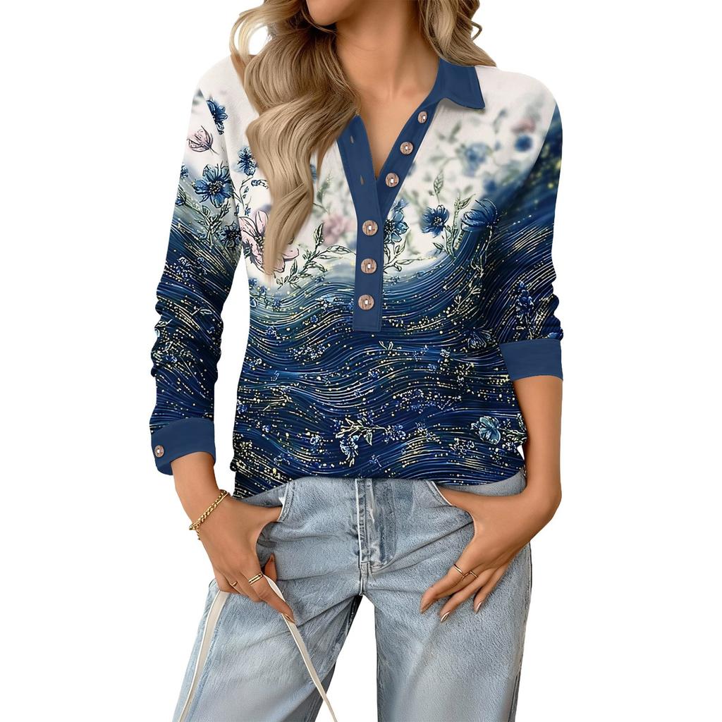 Damen Retro Street Lässiges V-Ausschnitt Langarm Knopf Floral Print Pullover Top