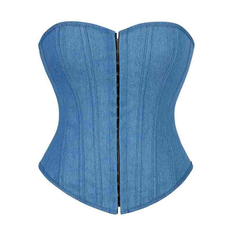 Womens Blue Spandex Corset Top With Single Row Buttons Shaping Bust Support Waist Cincher Everyday Wear