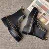 Couple short boots autumn and winter fashion black lace-up platform shoes soft leather casual Martin boots