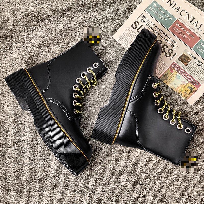 Couple short boots autumn and winter fashion black lace-up platform shoes soft leather casual Martin boots