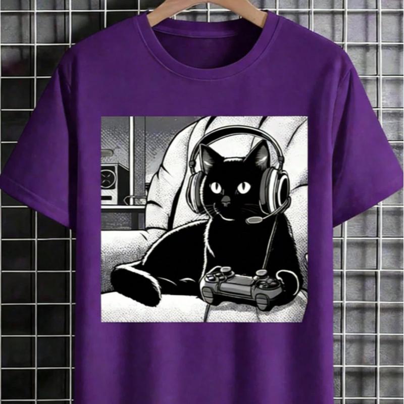 [Black Cat T-Shirt] Relaxed Fit Black Casual Cat Graphic T-Shirt | Short Sleeve Crew Neck, Summer Style, Polyester Blend