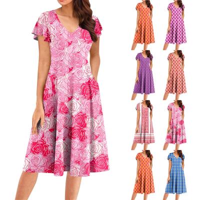 Damen Sommer Mode V-Ausschnitt Rüschenärmel Retro Elegant Midi Kleid