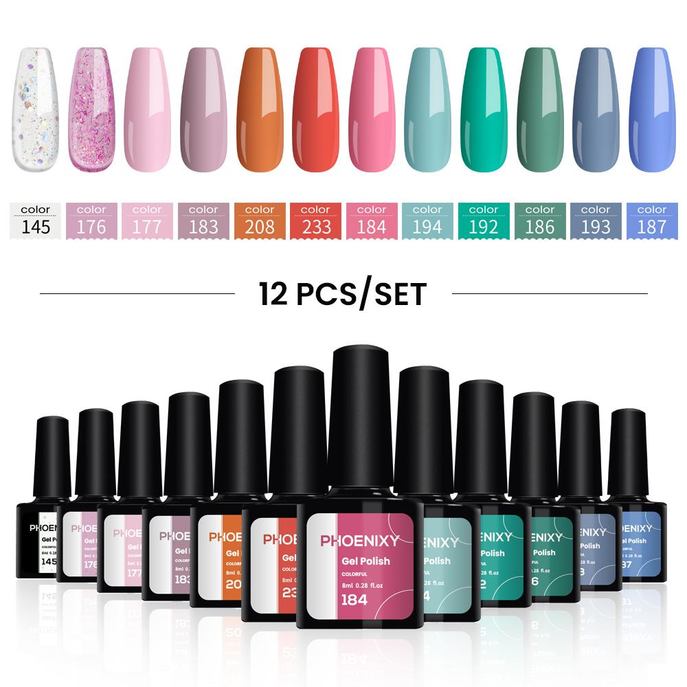 

Набор лаков для ногтей PHOENIXY, 12 цветов, с гелем-лайнером, полуперманентным гелем UV/LED, гель-лаком и набором для маникюра.