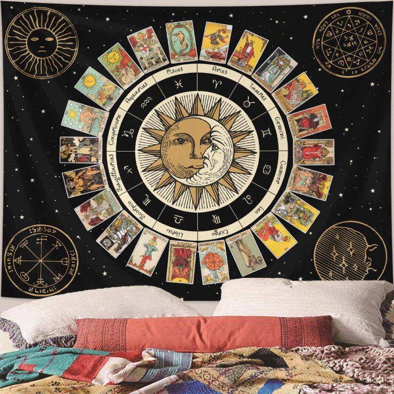 Tarot Zodiac Wheel Wall Tapestry Black Background Sun Moon Face Twelve Constellation Card Astrology Occult Mystical Decor