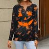 Women's Casual Halloween Print V-Neck Long Sleeve T-Shirt with Decorative Buttons