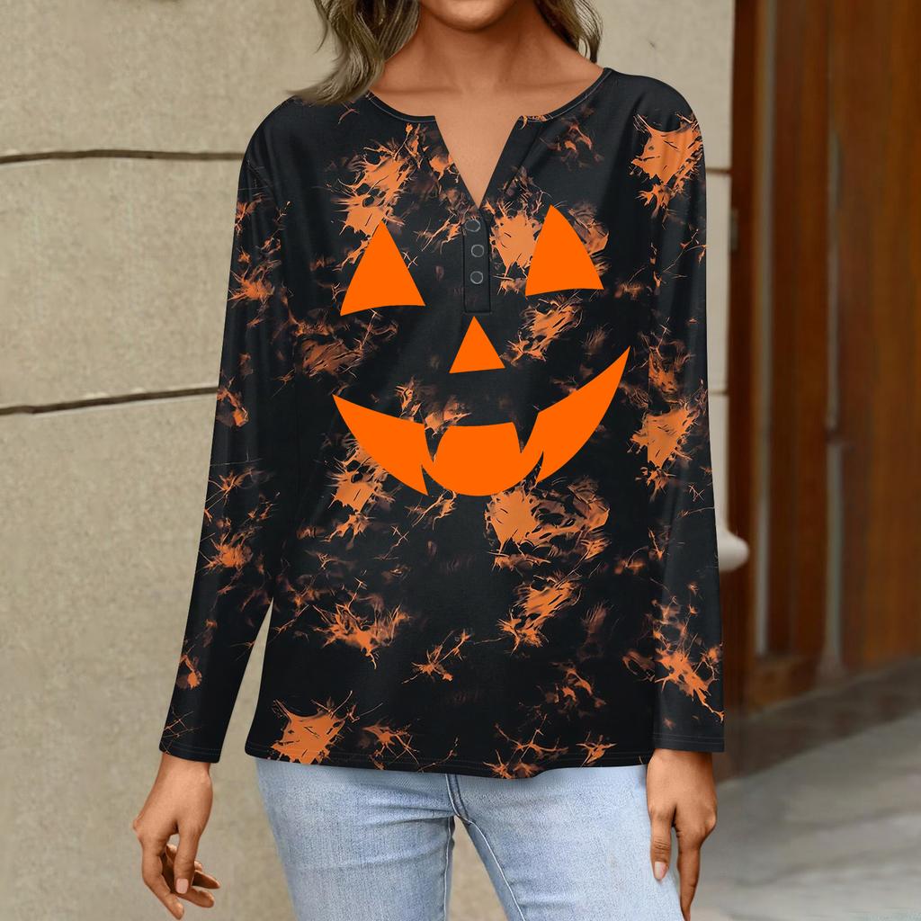Women's Casual Halloween Print V-Neck Long Sleeve T-Shirt with Decorative Buttons
