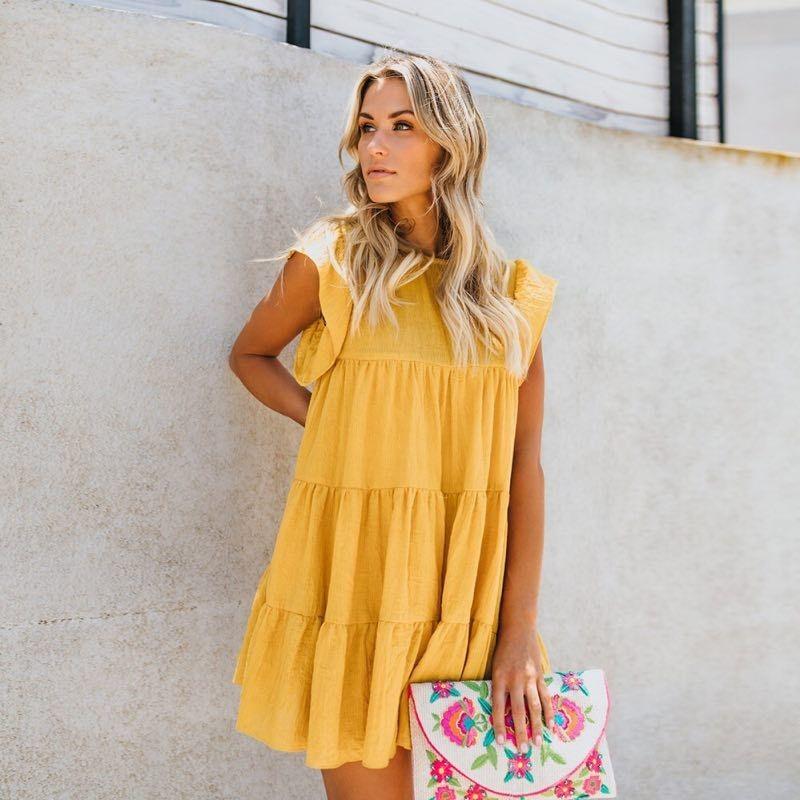 

Niche Style Summer Temperament Pure Color Dress European and American Women s Clothing Top-Selling Product Fashion Mid-Length Tiered-Ruffle Dress Yellow XL